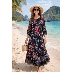 Lula Soul Women Size S Floral Animal Print Maxi Dress Vacation Resort Tropical